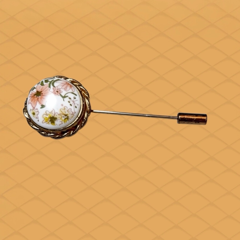 Vintage Porcelain and Gold Tone Floral Stick Pin/Hat Pin/Tie Pin